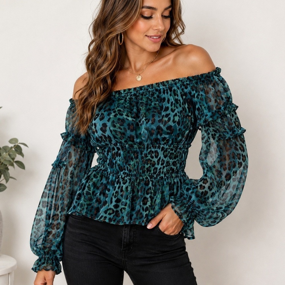 GUESS Teal Leopard Print Smocked Peasant Blouse Off Shoulder Size M Ruffle Sheer